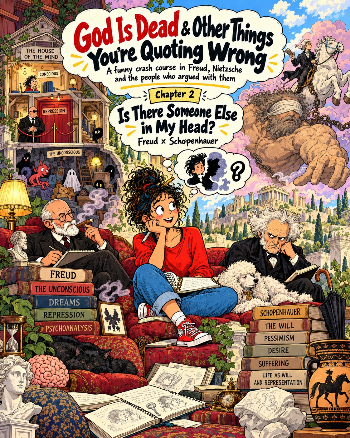 Cover of God Is Dead & Other Things You’re Quoting Wrong: a comic of Luiza on a red sofa between Freud and Schopenhauer, with the house of the mind behind them