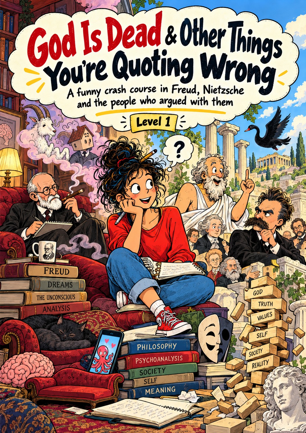 Cover of God Is Dead & Other Things You’re Quoting Wrong, Level 1: a comic of Luiza sitting on a stack of books between Freud and a crowd of philosophers