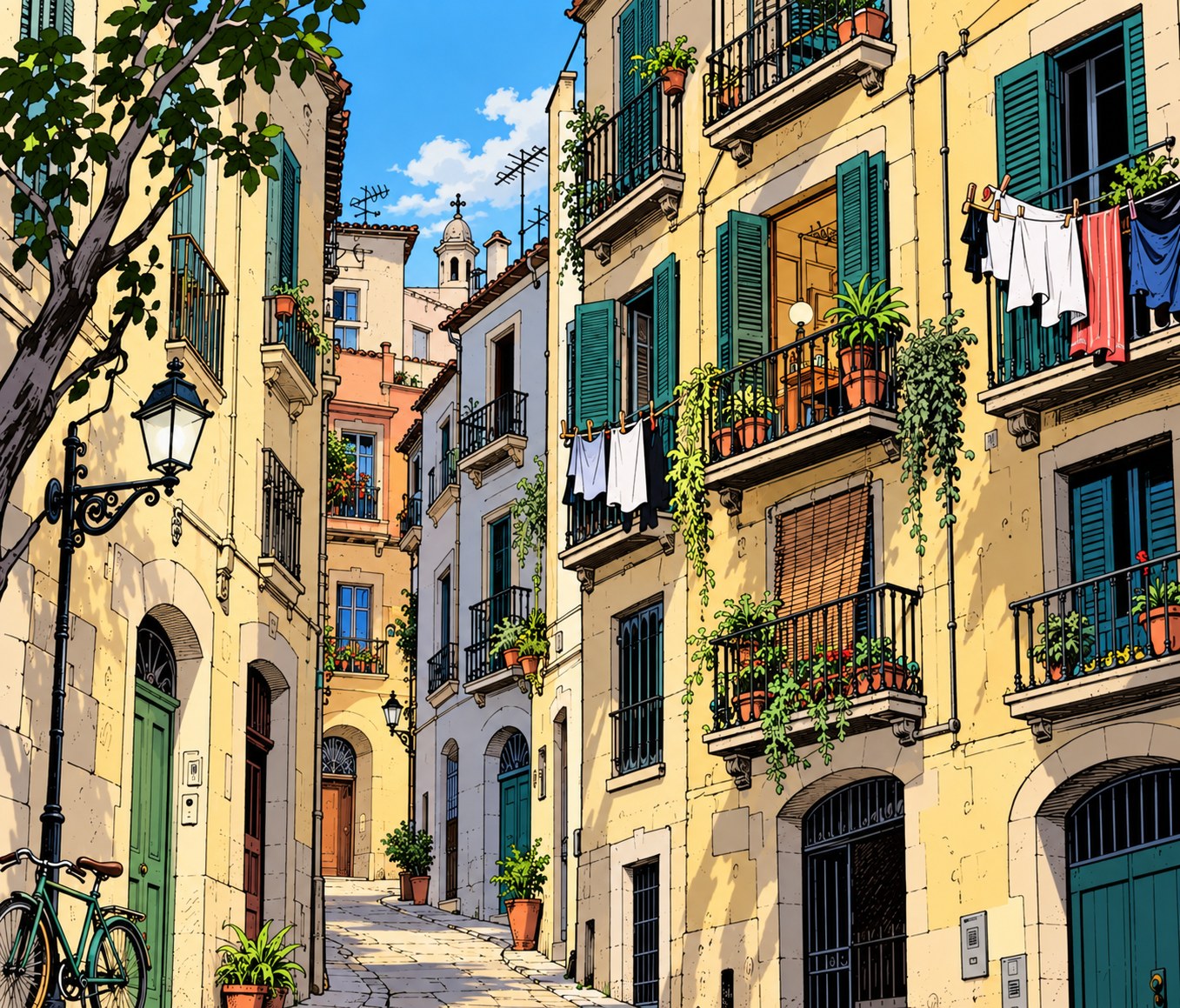 The same Barcelona street in daytime sun: open green shutters, plants, laundry drying, blue sky.